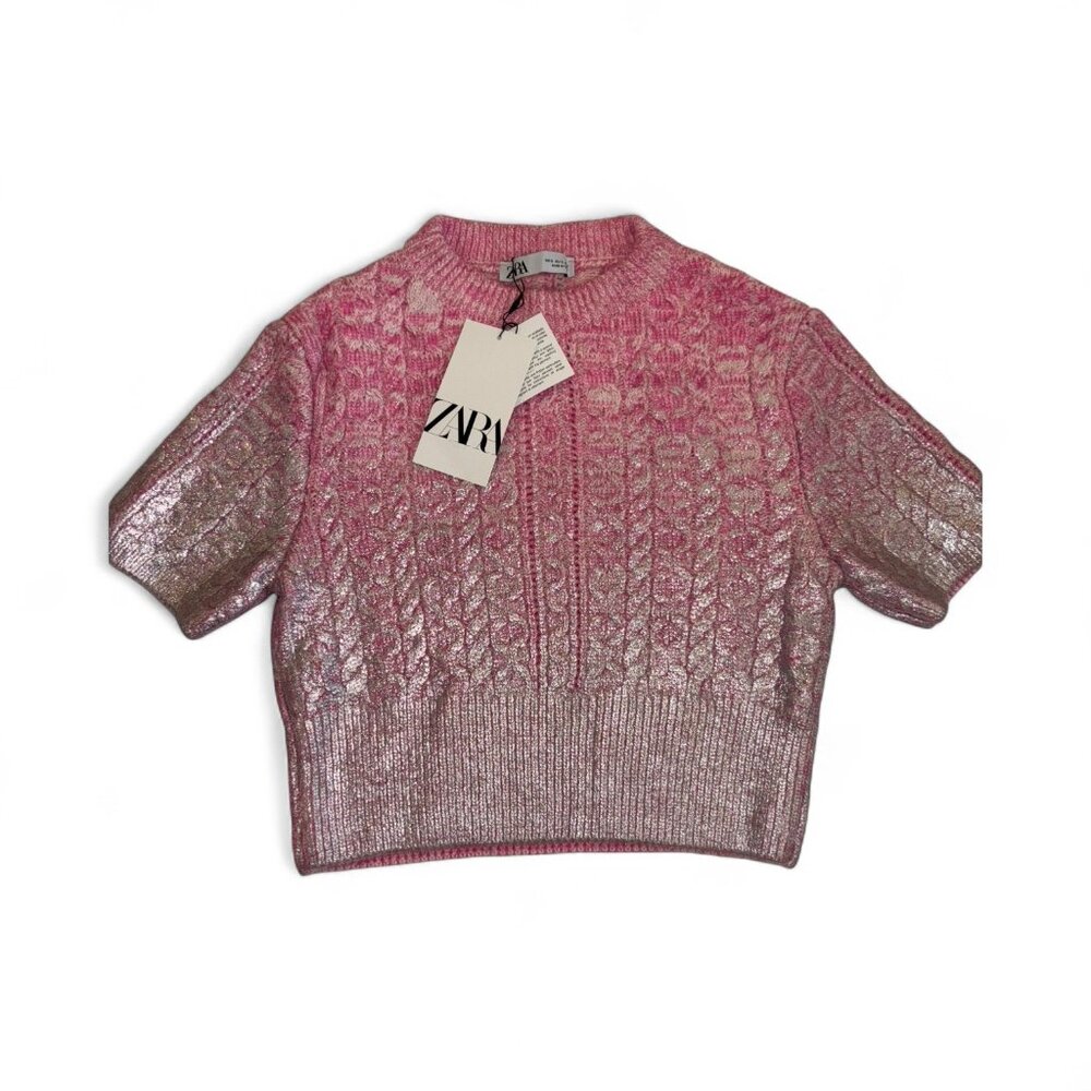 Zara Girls Pink Metallic Shimmer Sweater Short Sleeve Knit Top | Size Small New